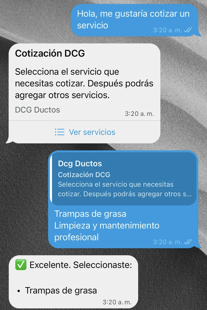 Fragmento real anonimizado de DCG Ductos: selección de un servicio para solicitar una cotización.